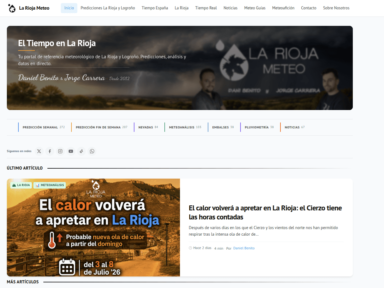 Home de LaRiojaMeteo con portada, categorias y ultimo articulo
