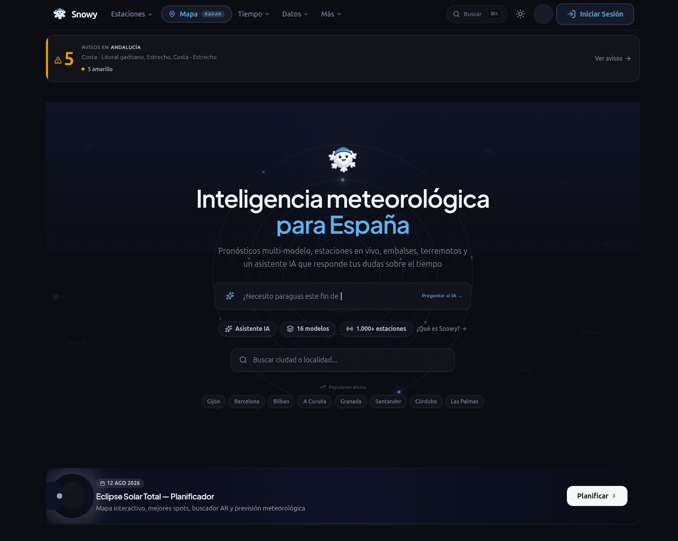 Interfaz principal de Snowy con asistente IA, buscador y planificador meteorologico