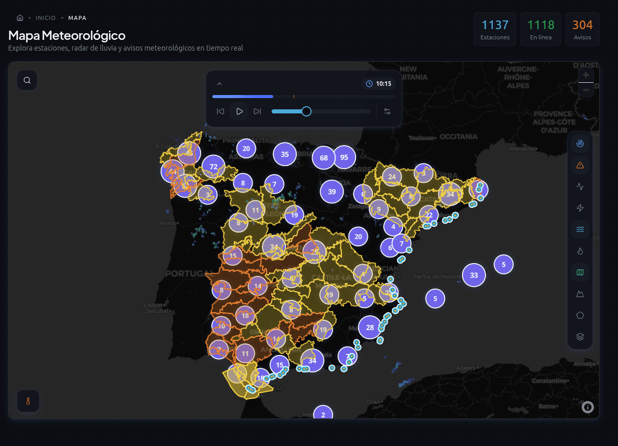 Mapa meteorologico de Snowy con radar, avisos y estaciones